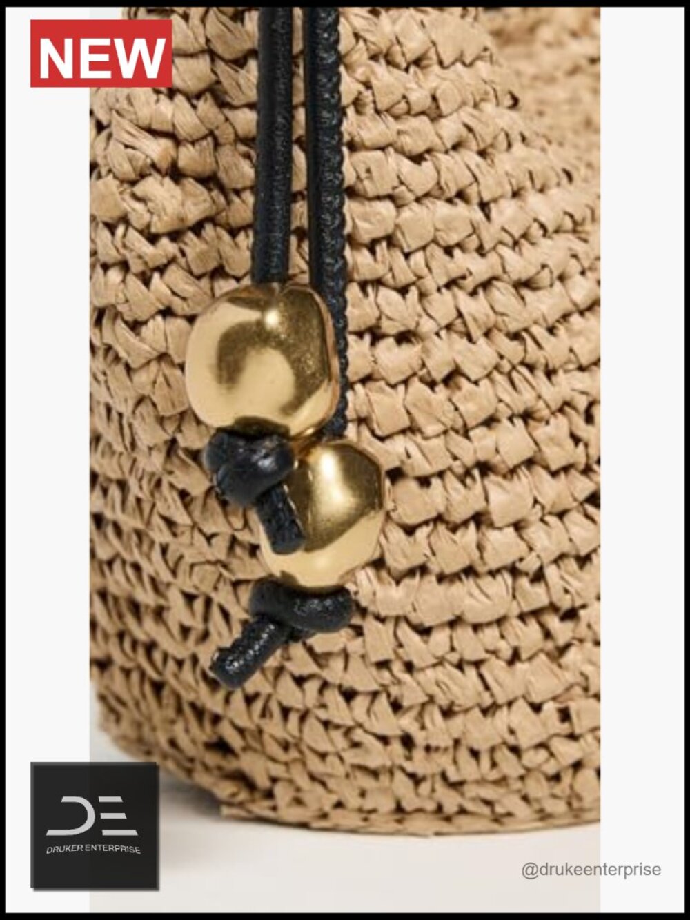 Woven Straw Mini Pouch Shoulder Bag with Gold-Tone Bead Accents - Picture 6 of 7